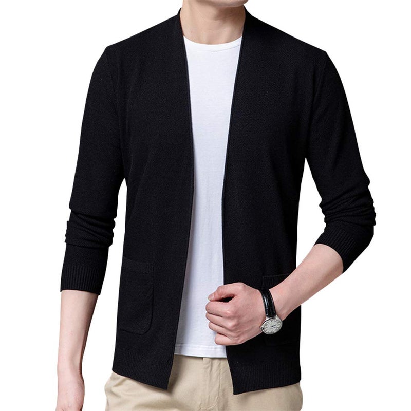 Womleys Mens Casual Open Front Long Sleeve Cotton Cardigan Sweater (Black, Large) - Image 1